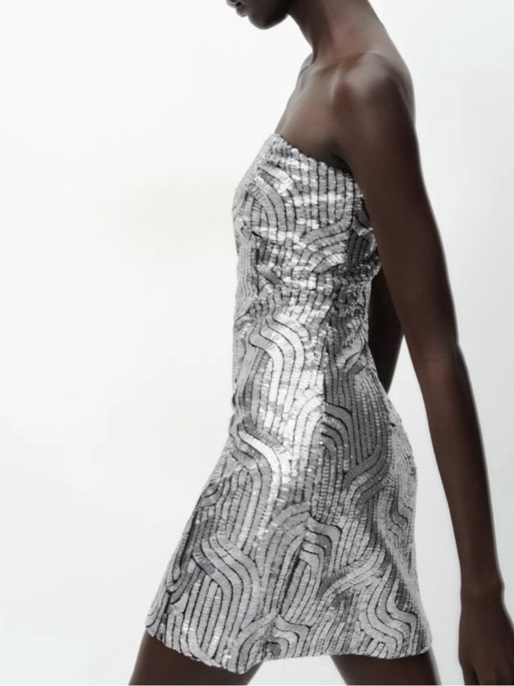 Zara Strapless Sequin Mini Dress Silver NWT